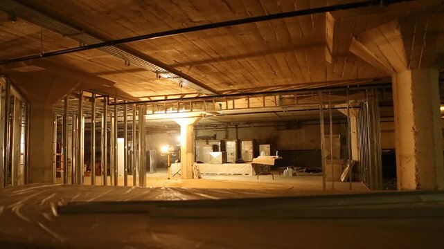 Dolly construction exposed wood beams concrete pillars metal framing