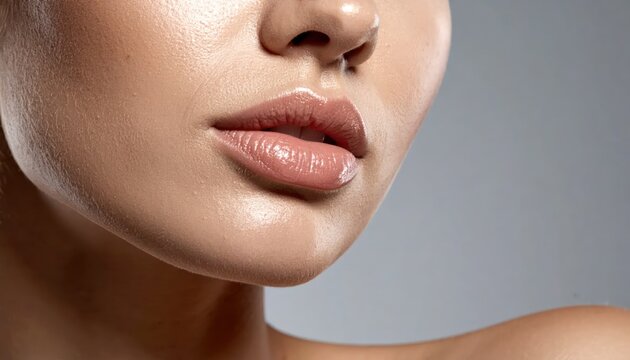 Close-up of glossy lips and surrounding skin, well-lit, smooth texture, against a gray background