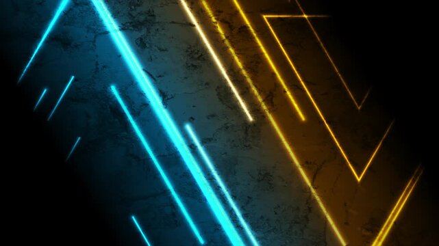 Blue and yellow neon glowing triangles on dark grunge wall abstract background. Futuristic retro motion design. Seamless loop. Video animation Ultra HD 4K 3840x2160