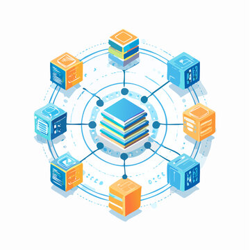 Abstract API ecosystem vector illustration, interconnected software blocks and digital pathways