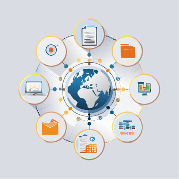 Modern knowledge management concept with connected information hubs and global data network illustration