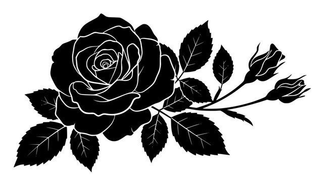 Black silhouette of rose. Vector illustration of black silhouette of rose with rosebud and leaves on a white background. Transparent SVG version.