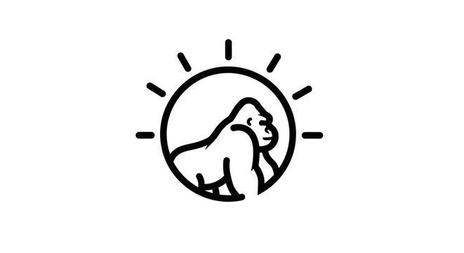Gorilla profile icon within circular sun rays symbol.
