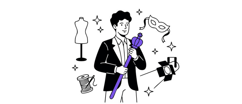 Theater director holding purple scepter acting on stage with costume mannequin mask and searchlight spotlight icons, minimalist flat line art vector illustration for play production drama concepts.