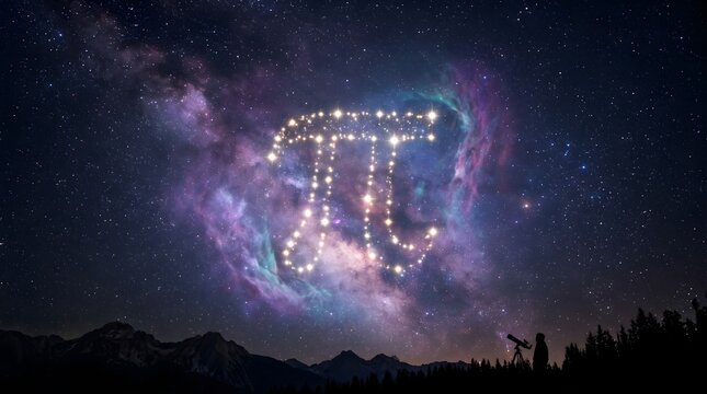 Glowing Pi Symbol Constellation in Starry Night Sky with Nebula Pi Approximation Day Concept