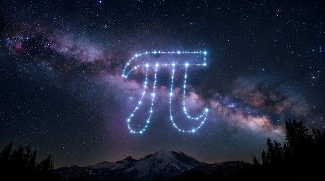Glowing Pi Symbol Constellation in Starry Night Sky with Nebula Pi Approximation Day Concept
