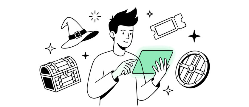 gamer using digital tablet screen to select RPG fantasy game items like wizard hat chest shield and ticket; minimalist black and white line art vector graphic illustration for website UI applications.