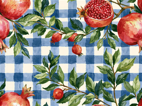 a beautiful vintage Italian style motif with pomegranates and blue gingham pattern