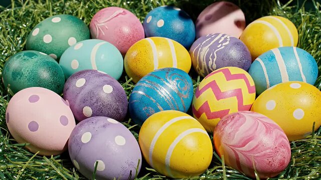 A Row of Vibrant Easter Eggs Resting on Fresh Green Grass in Spring