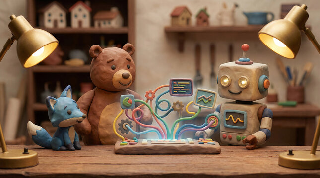 3D render of friendly toy bear, cat and robot learning electronics with colorful circuit board