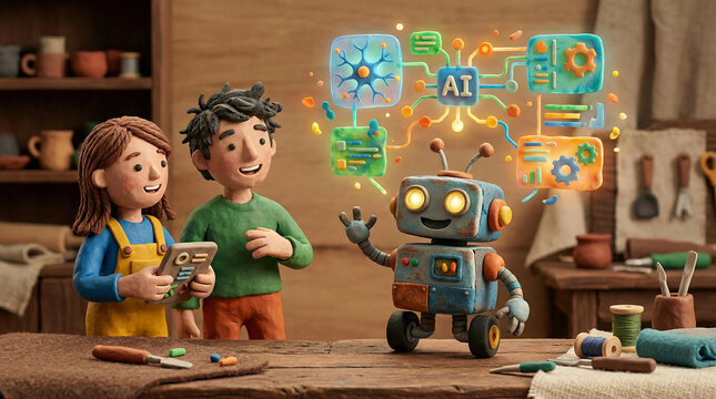 Children learning with friendly robot and AI interface holograms in creative workshop scene
