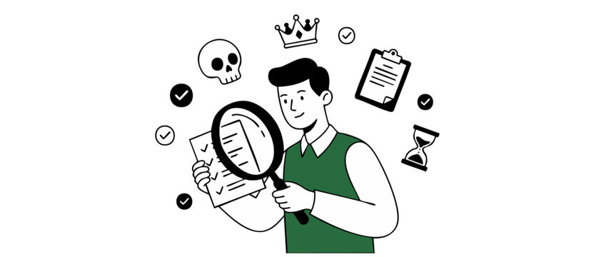 Business compliance risk assessment audit by man with magnifying glass analyzing checklist document, managing time urgency, evaluation standards, quality control verification, project success.