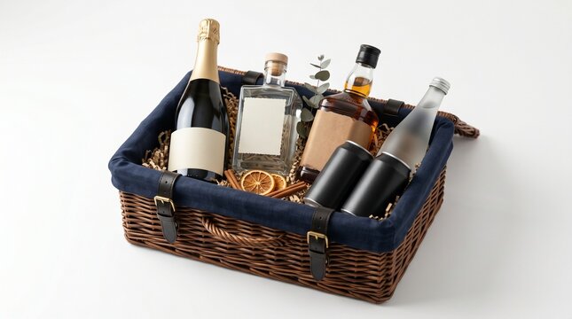A woven wicker gift basket filled with assorted alcoholic beverages and dried fruit garnishes.