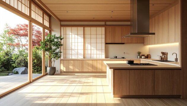 Contemporary kitchen design with natural light, wood elements, and views of a garden