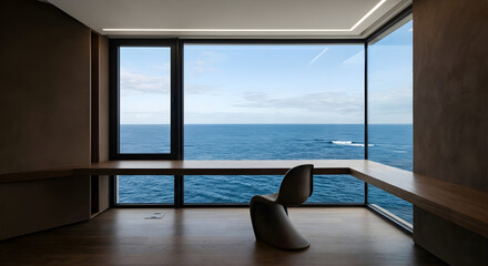 Obraz premium Modern minimalist home office interior with a panoramic ocean view and wooden desk.
