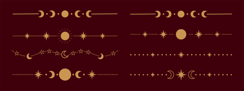 Set of celestial dividers with moon phases, suns, and stars boho mystical line elements for design, esoteric vector collection for invitations, cards, and branding