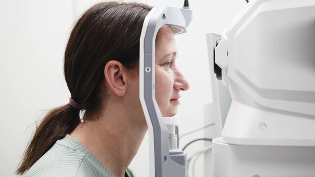 Female patient undergoing optical tomography examination with digital OCT scanner in a bright clinical setting, focusing on facial alignment and equipment details