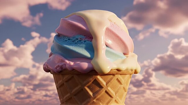 Vibrant pastel rainbow ice cream cone stacked high with a waffle cone against a dreamy sunset sky
