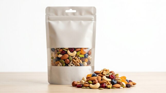 Blank white stand up pouch bag with a mix of healthy nuts and dried fruits.