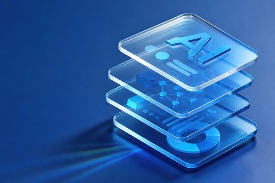 Artificial intelligence glass icon stack in blue 3D rendering for digital technology