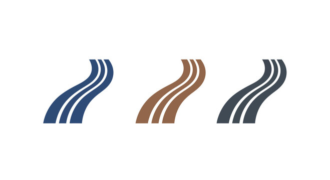 Three Abstract Winding Road Paths Icons in Blue, Brown, and Gray