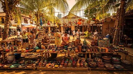 Obraz premium A vibrant outdoor market bustles with activity, showcasing a colorful array of handcrafted pottery, woven baskets, and unique souvenirs under the warm, tropical sun.