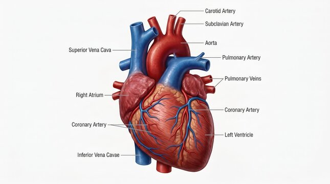 Detailed anatomical illustration of human heart with labeled internal structures and blood flow pathways