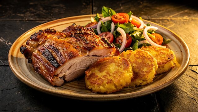 A delicious and hearty meal of grilled meat served with fresh salad and golden hash brown cakes.