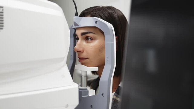 Female patient undergoing optical tomography examination using a digital OCT scanner in a clinical setting, focused on the scanning process and equipment details