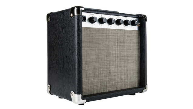 Isolated modern electric guitar amplifier with textured black casing and front control panel