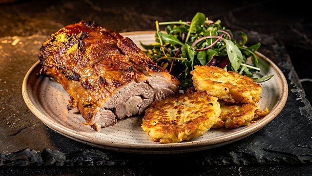 A succulent, oven-roasted pork loin is presented with a side of fresh green salad and golden-brown potato pancakes, offering a delicious and hearty meal.