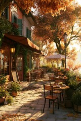Fototapeta premium Cozy outdoor cafe setting with tables and chairs surrounded by autumn trees and plants during golden hour