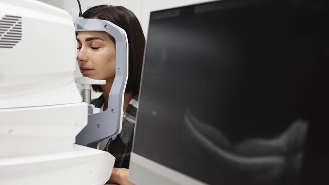 Female patient undergoing optical coherence tomography examination with advanced imaging device and computer monitor displaying detailed scan results in a clinical setting