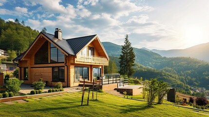 Obraz premium Charming alpine-style wooden cabin perched on sunlit hillside with expansive valley and distant mountains