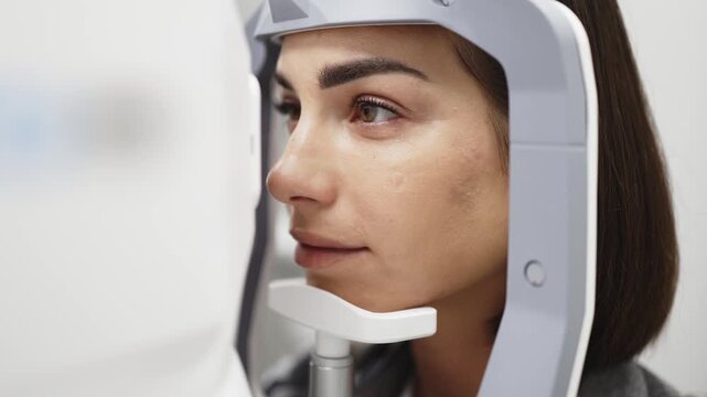 Female patient undergoing optical coherence tomography examination with specialized equipment in a clinical setting, focusing on eye health and diagnostics