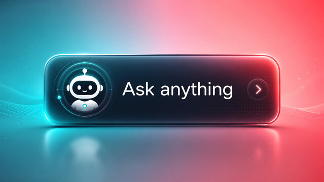 Futuristic glow button banner with chatbot icon and text ask anything on cyan and red neon gradient reflection background customer interaction and advanced AI search query concept