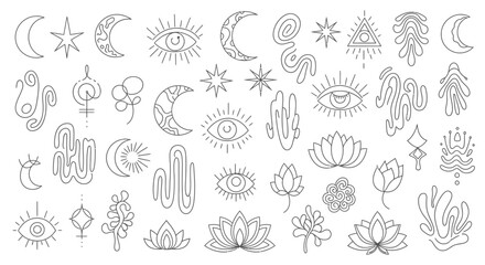 Collection of Mystical Celestial and Nature-Inspired Line Art Elements with Moon, Stars, Eyes, Lotus Flowers, and Cacti isolated white background © NOXY 