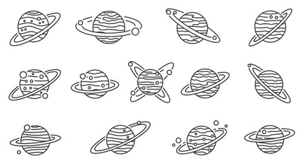 Comprehensive Set of Outline Planets with Orbital Rings Icons on Isolated White Background © NOXY 