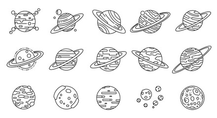 Detailed Set of Outline Planet and Moon Icons on Isolated White Background © NOXY 