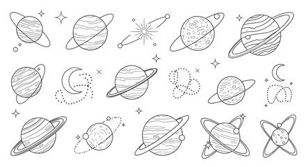 Hand-Drawn Outline Planet and Cosmic Elements Doodle Set on Isolated White Background © NOXY 