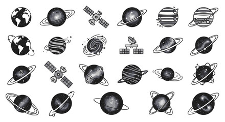 Grayscale Set of Planets, Galaxies, and Satellite Icons on Isolated White Background © NOXY 