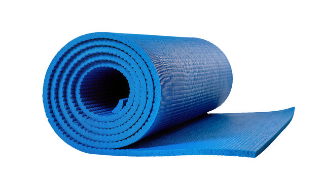 Isolated blue yoga mat rolled up and partially unrolled, ready for exercise or fitness