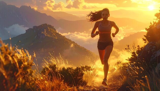 Woman running on a mountain trail at sunset