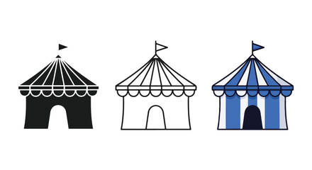 Obraz premium Circus Tent Trio: A collection of three stylized circus tents, showcasing a classic black silhouette, a simple line drawing, and a vibrant blue and white striped design.