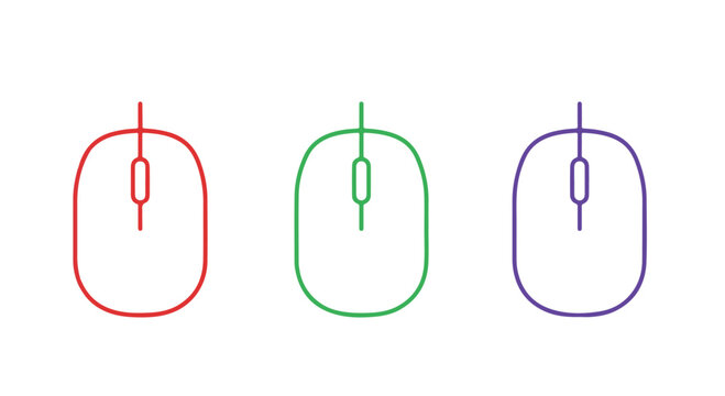 Computer Mouse Icons: Three colorful, minimalist outline icons of computer mice in red, green, and purple, representing choice and digital interaction.