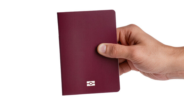 Isolated human hand presenting a burgundy e-passport with electronic chip symbol