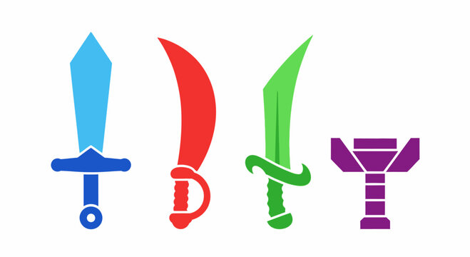 Colorful Fantasy Swords and Weapon Icons Set on White Background