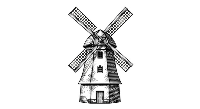 Hand drawn vintage windmill illustration in engraved sketch style. Rustic agricultural building for grinding grain.