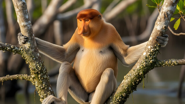 Proboscis monkey with a characteristic large nose sitting on a tree branch in a tropical mangrove forest