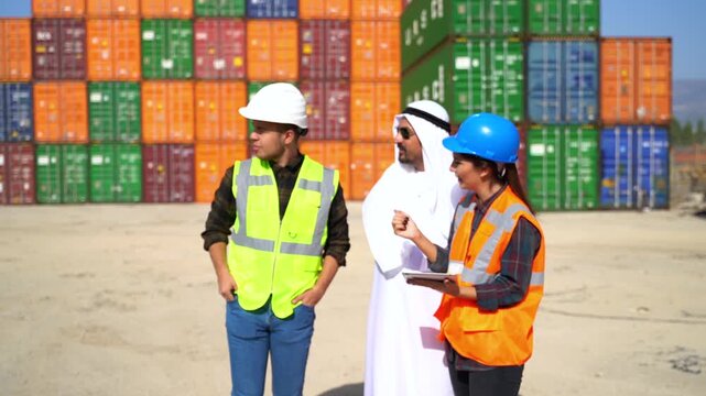 Arab businessman in kandura and logistics workers in masks discussing cargo details with digital tablet in front of colorful shipping containers stock video.